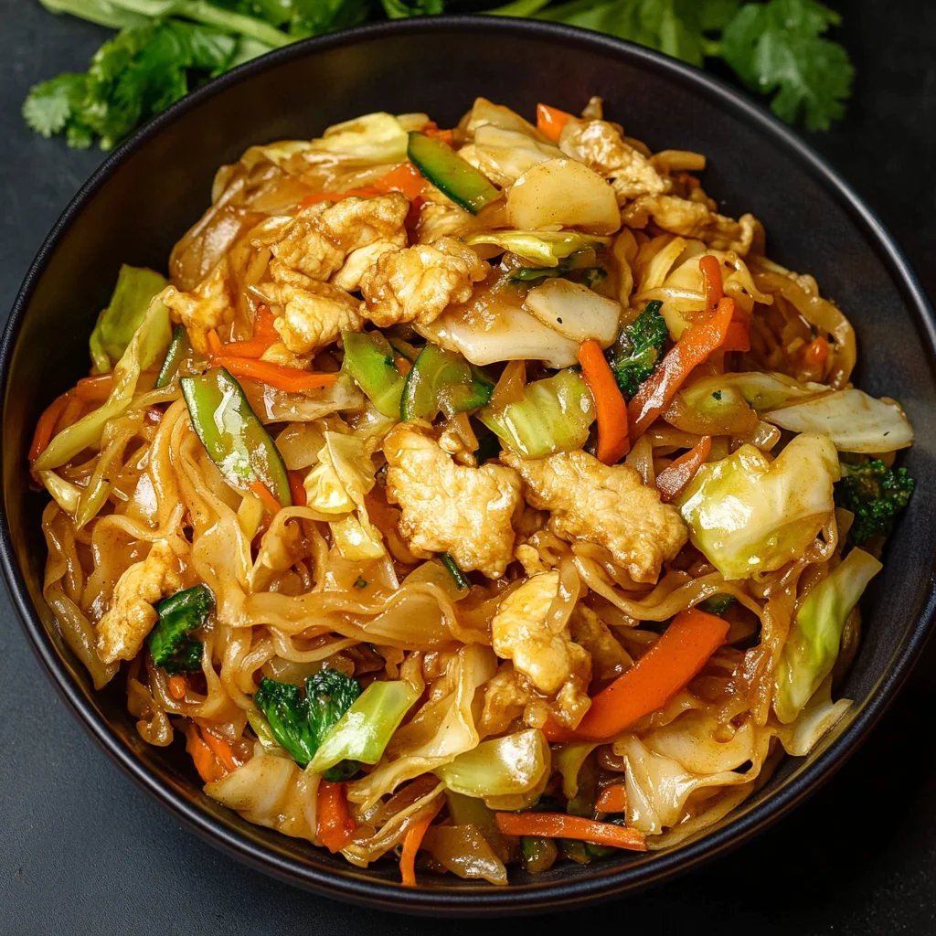 Gebratene Nudeln mit Spitzkohl und Karotten