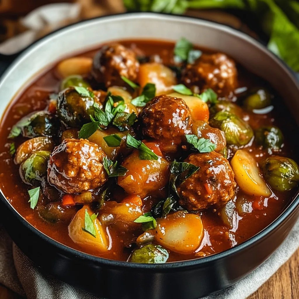 Herzhafter Rosenkohleintopf mit würzigen Fleischbällchen und Gemüse
