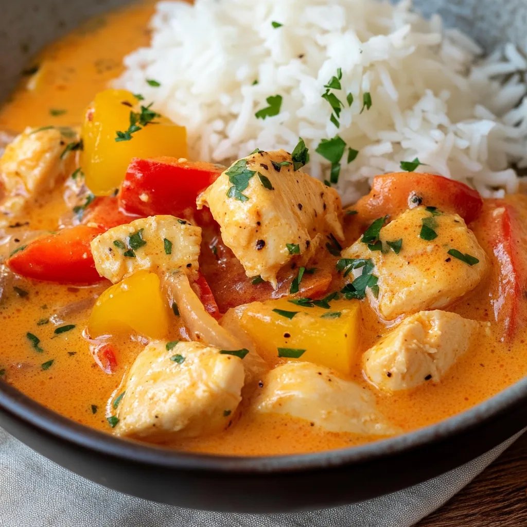 Cremiges Hähnchen mit Paprika und Reis